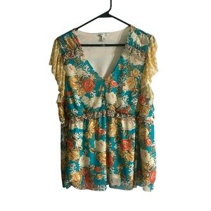 Cato Teal Floral Ruffle Sleeve Blouse